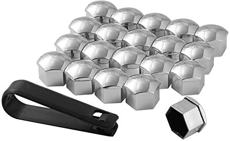 JSCARLIFE 20 Pieces Wheel Nut Cap, Universal Tyre Nut Covers Wheel Bolt Nut Caps Covers with Removal Tool for Cars (Silver, 19mm)