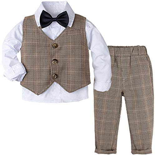 mintgreen Baby Jungen Gentleman Bekleidungset Festliche Taufanzug Hochzeitanzug Langarm Hemd Fliege, Khaki Plaid, 2-3 Jahre, 100