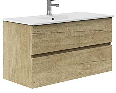 Baikal Mueble de Baño Dos cajones, suspendido a la Pared con Lavabo. Melamina 16. Mueble montado. Mueble de 90cm Nature Sin Espejo