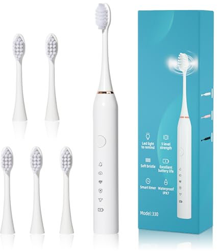 Spazzolino elettrico da 30.000 Vpm, ricaricabile, 6 testine, timer intelligente di 2 minuti, 5 modalità, con sbiancamento dei denti (Bianco)