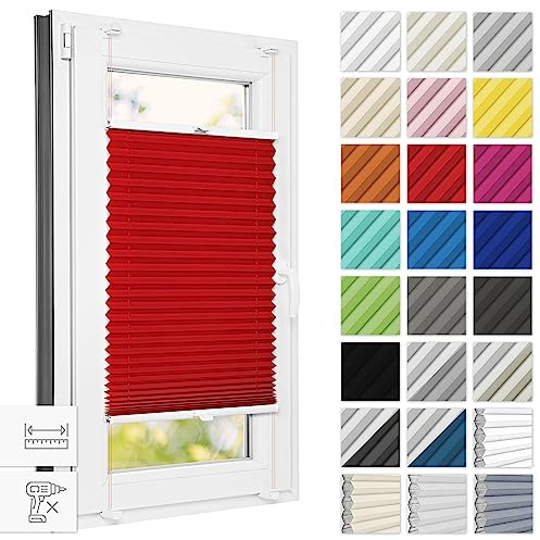 Estika Plissee ohne Bohren 120 cm x 120 cm - Rot - Bruchfeste Klemmhalter, Plissee Klemmfix, Rollos für Fenster ohne Bohren, Jalousien Fenster für innen, Raffrollo, Fensterplissee