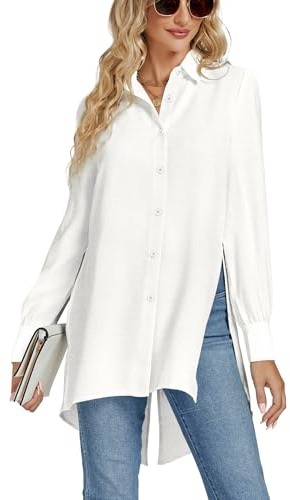 LYANER Women's Collar V Neck Split Hem Button Down Long Sleeve Long Shirt Blouse Tunic Top White Medium