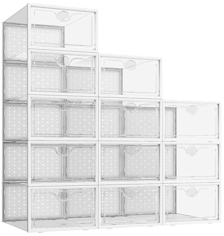 Pinkpum Schuhboxen, 12er Set Schuhbox, Schuh-Organizer aus Kunststoff, Faltbar und Stapelbar mit PS Türrahmen, für Schuhe bis Größe 44, Weiß
