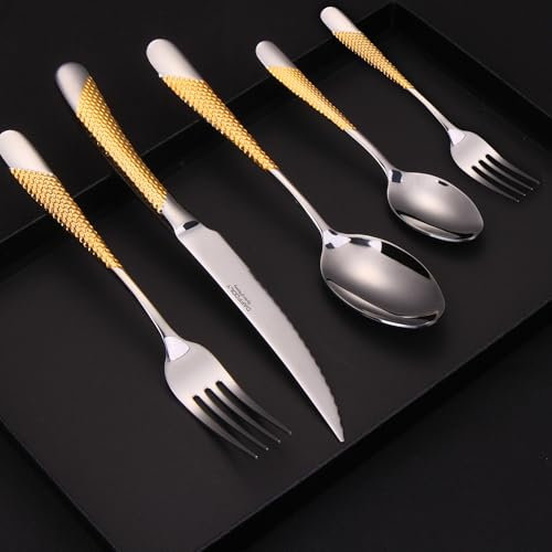 DAFFODILY - Set di posate in acciaio inox 18/10 martellate, 30 pezzi, finitura a specchio, coltello da bistecca ultra affilato, lavabile in lavastoviglie. (Signature – oro 30 pezzi)