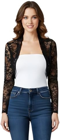 BODYWEAR LTD Haut court à manches longues pour femme BODYWEAR LTD - Haut court à manches longues - Boléro uni - Tailles 36 à 42, Dentelle noire, M/L