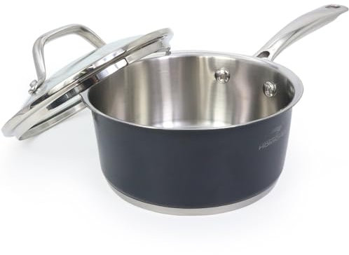 HOMICHEF Casserole en acier inoxydable sans nickel poli mat bleu marine gris avec couvercle en verre (sans revêtement antiadhésif toxique, 0,95 L) - Petite casserole pour induction avec couvercle