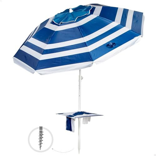 AKTIVE Parasol de plage, marin, 210 cm, table centrale avec dessous de verre, crochet, mât en acier, inclinable et réglable en hauteur, tissu polyester Oxford, protection UV50, grands parasols (62330)