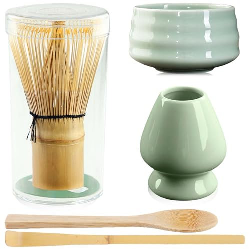 GAOUTO Juego de té matcha de 5 piezas, juego de té matcha con escoba matcha, cuenco de cerámica, escoba matcha de bambú, soporte para escoba de cerámica, cuenco de matcha hecho a mano, set de regalo