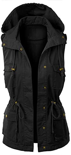 Damen Cargo Weste Ärmellos - Weste Damen Outdoor Kapuze Sweatjacke Grosse Grössen Damenweste Casual Safari-Weste Mit Kordelzug Einfarbig Slim Fit Übergangsweste Leichte Hoodie Anglerweste Outdoorweste
