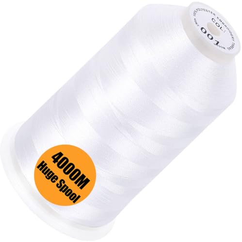 New brothread - Einzelne Riesige Spule 4000M/Jede 100% Polyester Maschinen Stickgarn 40 WT für Gewerbliche und Haushalts Maschinen - White