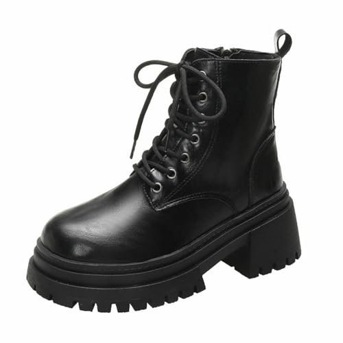 Springerstiefel Damen Plateau - Schnürstiefel Mit Blockabsatz Profilsohle Kurzschaft Lederstiefel Britisch Stiefeletten Rundzehe Ankle Boots Gothic Biker Boots Pu-Leder Combat Boots