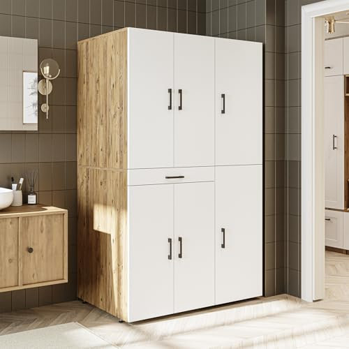 ROOMART Waschmaschinenschrank Dora Set für Trockner & Waschmaschine, in 4 Farben, mit Türen & Ausziehbrett • Weiß • Weiß Eiche • Anthrazit Eiche • Eiche (Weiß Eiche)