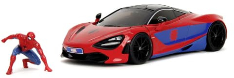 Jada Toys Marvel Auto McLaren 720S (19 cm) con Figura de Spider-Man (5 cm) - Modelo de Coche con Piezas para Abrir, Juego de Juguetes de Metal para Fans y niños a Partir de 8 años