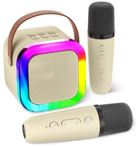 Koolcover Mini Machine de karaoké pour Enfants et Adultes, Haut-Parleur Bluetooth Portable avec 2 Microphones sans Fil, Cadeaux d'anniversaire pour Filles âgées de 4, 5, 6, 7, 8, 9, 10 Ans et（Beige）