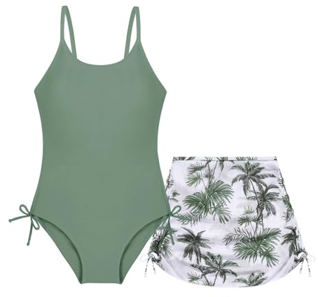 Miyanuby Girls One Piece Swimsuit Kids Sleeveless Swimwear with Skirt Tropical Print Bathing Suit Swimwear for Girls 9-16 Years Green