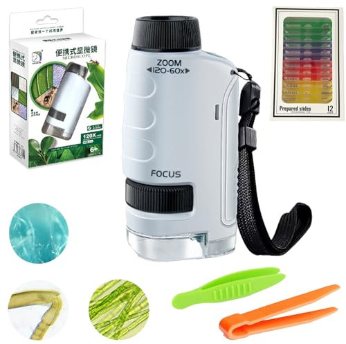 Orizizhic Mini Microscope for Kids, 60-120X Pocket Microscope with LED Light, White ABS Material, 12 Slides & Tweezers