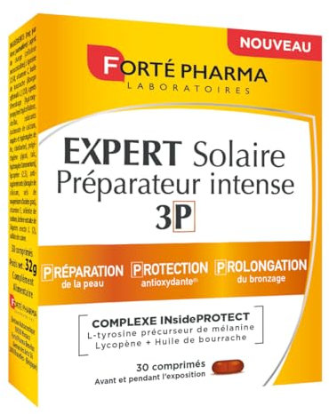 Forté Pharma - Expert Solaire Préparateur Intense 3P - 3-en-1 Prépare, Protège et Prolonge - Antioxydant - Sélénium, L-Tyrosine, Caroténoïdes, Cuivre, Vitamines C et E - 60 Comprimés, 1/jour