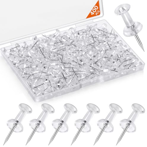 400 Pcs Push Pins Tacks, Thumb Tacks for Wall, Clear Plastic Head, Steel Point, Decorative Push Pins, Standard Thumb Tacks for Bulletin Board, Corkboard, Map, Calendar, Photo, Home, Office