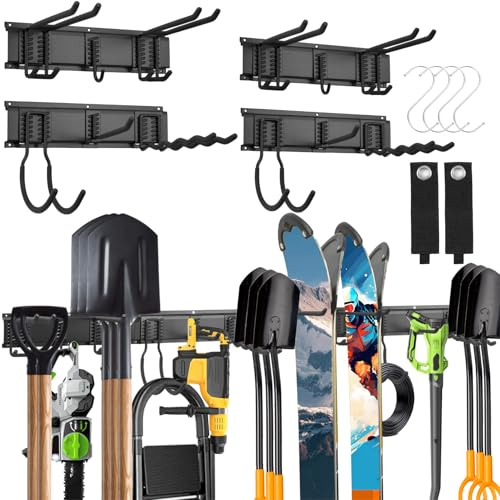 MHHO-WG Organizador de Herramientas de Pared Resistente 64 Pulgadas, Estante de Garaje y Jardín con 12 Ganchos de Acero para Escaleras, Escobas, Palas, Rastrillos y Herramientas de Jardín