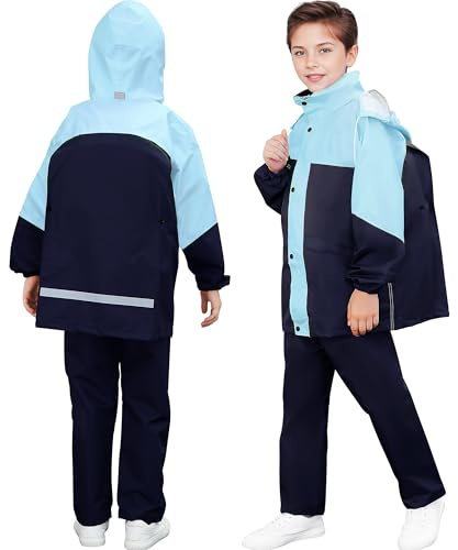 Baogaier Traje de Lluvia Impermeable Ligero Set para Niño Niñas 8-14 años | Conjunto de Chaqueta y Pantalón de Lluvia, Plegable, Exteriores Impermeables, Reflectante con Capucha a Prueba de Viento