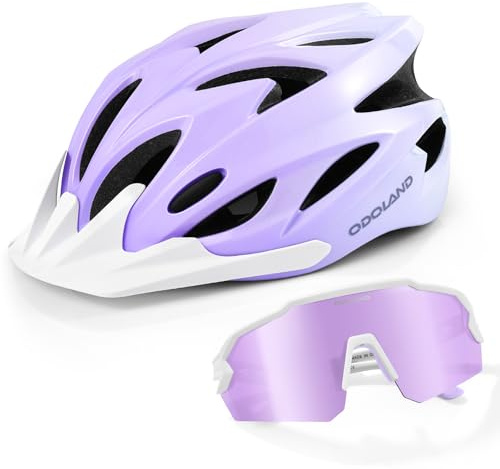 Odoland Bike Helmet with Cycling Sunglasses, Adjustable Size Adult Cycling Helmets for Men Women Road Bike Mountain Ebike, Purple & White Gradient