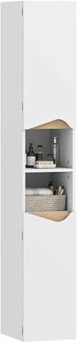 HOMCOM Mobile Bagno a Colonna Alto Stretto con 2 Ripiani Aperti, 2 Armadietti, Mobiletto Bagno Salvaspazio con Ripiani Regolabili, per Sala da Pranzo Soggiorno, 30x34.6x180.5 cm, Bianco e Color Legno