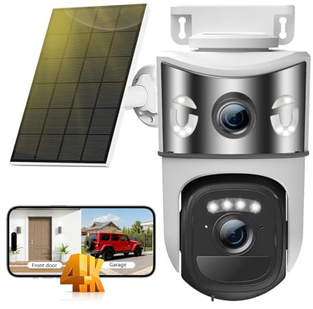 Calike 4K Telecamera Wi-Fi Esterno Senza Fili con Pannello Solare,Doppio Obiettivo Videocamera Sorveglianza WiFi,Rilevamento Umano PIR,Visione Notturna a Colori,Audio Bidirezionale,IP66