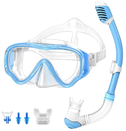 VILISUN Taucherbrille mit Schnorchel Anti-Leck Anti-Fog Schnorchelset Tauchset aus Gehärtetem Glas, ideal für Tauchen, Schnorcheln und Schwimmen, Blau Set (Kinder)