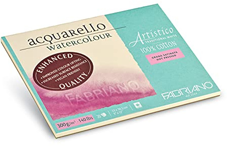 Fabriano Artistico Acquarello Watercolour, Natural White, Satin Hot Pressed, 23 x 30.5 cm, 20 Sheets, 300 g/m² Artist Watercolour Cardboard, Glued on 4 Sides, Vegan