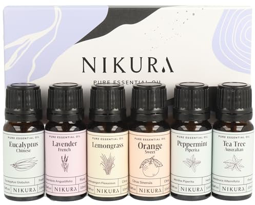 Nikura Starter Kit Essential Oil Gift Set - 6 x 10ml | Essential Oil for Diffuser for Home, Aromatherapy, Strong Fragrance, Sleep | Eucalyptus, Lavender, Lemongrass, Sweet Orange, Peppermint, Tea Tree