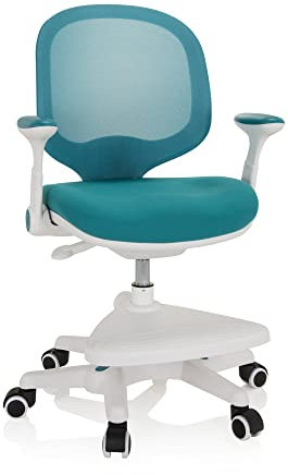 hjh OFFICE 736413 Kinder Schreibtischstuhl Kid Ergo Stoff/Netz Kinderstuhl mit Fußablage, Armlehnen klappbar, Blau/Weiß