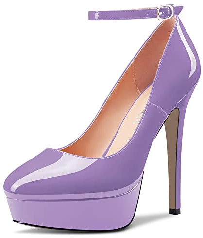 Castamere Donna Spillo Alto High Piattaforma Tacco Heel Rotonda Punta Cinturino alla Caviglia Pumps Slip-on da Matrimonio Feste Dress 13 CM Heels Viola Verniciata 43 EU