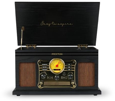 PRIXTON Tocadiscos de Vinilo Vintage Century, Reproductor y Convertidor de Vinilos y Reproductor de música por Bluetooth, USB, SD, Radio, CD y Casete, 2 Altavoces, Diseño Minicadena