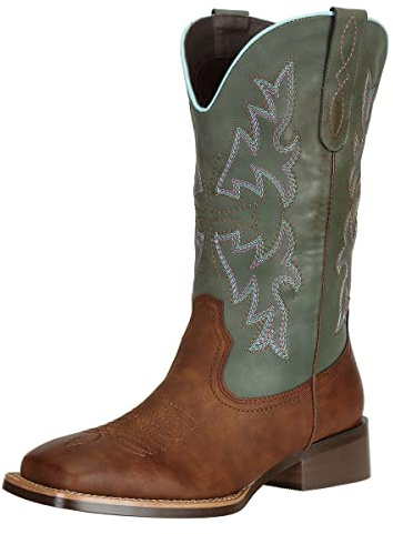 J's.o.l.e Women Cowgirl Boots Square Toe Wide Calf Ladies Fashion Cowboy Western Boots Brown Turquoise US Size 8