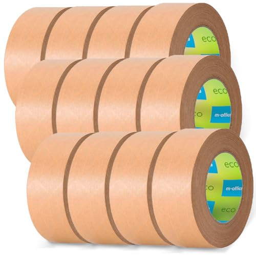 m-office papperstejp kraftpapper, tejp för kartongförpackningar, frakt, flyttar och hantverk, förpackningstejp, brunt kraftpapper tejp (12 st, 50 mm x 80 m)