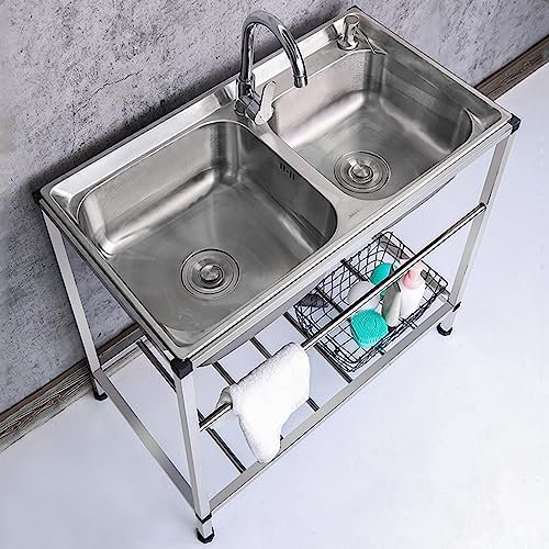 2-fack diskbänk utomhus diskbänk 304 rostfritt stål diskbänk, dubbel skål kommersiell catering handfat, bärbar camping handfat för garage