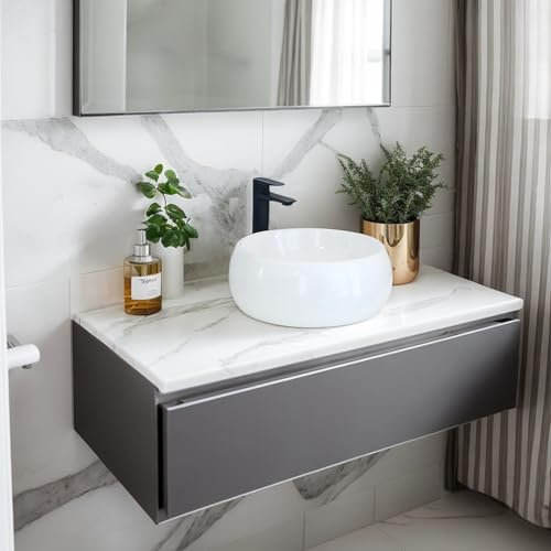 NUESTRA VIDA Vasque À Poser Petit, Lavabo Rond en Céramique 40×40×15,5 cm, Evier Salle de Bain, Lave-Mains de Toilette Maison Intérieur, Blanche Moderne, Haute Brillance