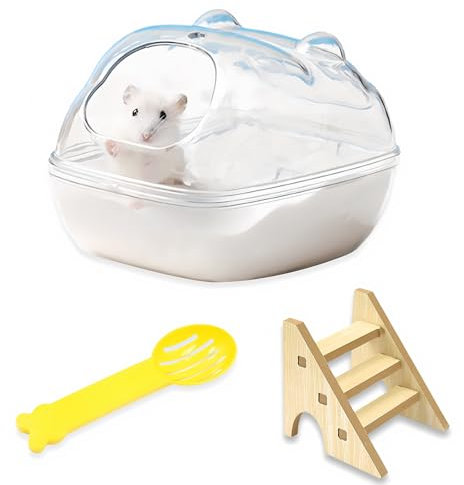 ZYETGH Hamster Sandbad, Hamster Badezimmer mit Leiter und Schaufel Hamster Toilette Transparent Sandbad Badewanne für Hamster Meerschweinchen Mäuse Gerbils (L 16 * 11 * 11CM)