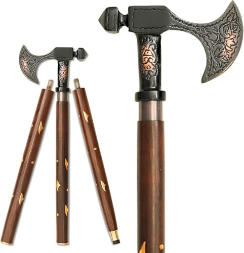 Canne de marche vintage pliable en bois avec poignée de hache – Canne de marche en bois dur fabriquée à la main avec design victorien en laiton – Poignée antique – Canne de marche élégante avec