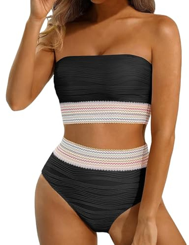 Ensemble de Bikini Bandeau Taille Haute pour Femmes, Maillots de Bain Deux pièces sans Bretelles, côtelés, Longs, Couverture complète, Maillot de Bain Une Pièce Grande Taille