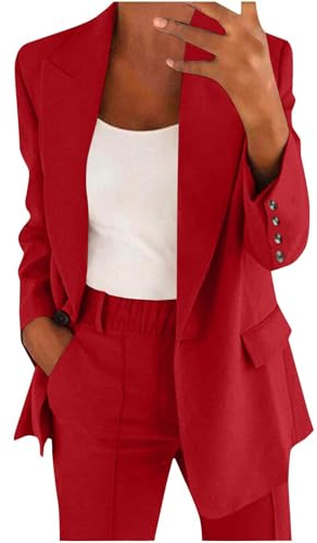 Trouser Suit for Women UK Elegant Long Sleeve Button Blazer Jacket and Trousers Sets with Pockets Formal Office Business Outfits Classic Solid Wedding Guest Outfits for Autumn Red