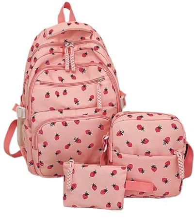 Mppchhn Mochila Escolar para Niñas, Set de Mochila Adorable, Bolsa De Fresa, Estuche Para Bolígrafos, Bolso De Hombro Para Excursiones Al Aire Libre, Camping, Jardín De Infancia, Viaje Diario Y