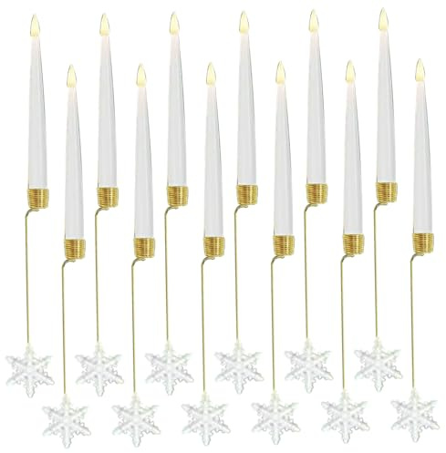 12 st julgransljus med fjärrkontroll LED flamlösa avsmalnande flimrande ljus med snöflinga krokar varmt vitt ljus för inomhusfest hem högtidsdekoration