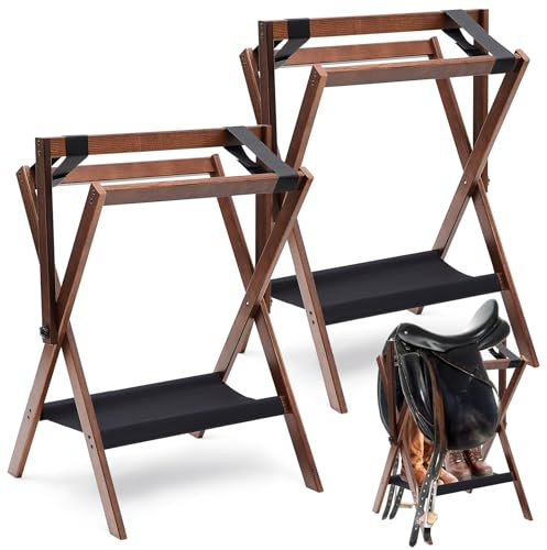 Leinuosen 2 Pack Pine Wood Saddle Rack Portable Folding Horse Saddle Stand 20 L x 17 W x 30 H Storage Pad Rack Blanket Display Holder for English Western Horse Gear Tack Organizers (Vintage Brown)
