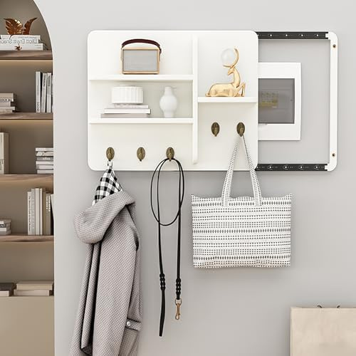 Electric Meter Box Cover Decorative with Shelves & Hooks, Hidden Circuit Breaker Panel, Wooden Decor Cover for Living Room Bedroom Office(White 1,40 * 30cm/15.7 * 11.8in)