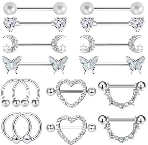UJBVCX 8 Pezzi Piercing per Capezzolo, Gioielli Piercing Corpo Argento, Piercing Lingua Acciaio Chirurgico, per Piercing Barbells Donna
