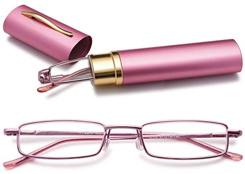 VEVESMUNDO Herren Lesebrille Mini Reise Kleine Kompakte Schmal Metall Lesehilfe Brillen Mit Etui +1.0,+1.5,+2.0,+2.5,+3.0,+3.5,+4.0 (1 x Rosa Blaulichtfilter Lesebrille, 2.5)