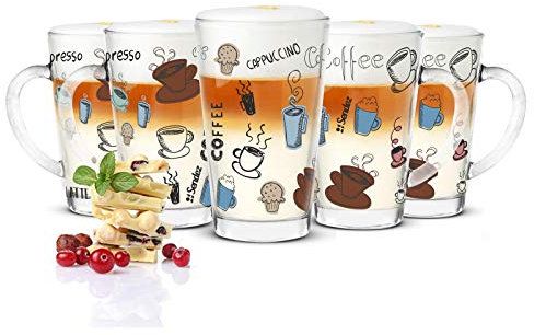 Sendez Lot de 6 verres à latte macchiato 300 ml – Verres à café colorés avec impression de café, verres à thé résistants à la chaleur pour café, latte, cappuccino et thé