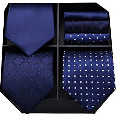 HISDERN Lot 3 PCS Cravate Homme Polka Dot Check Stripe Solide Couleur Mouchoir de mariage Cravate et Pocket Square -Plusieurs ensembles