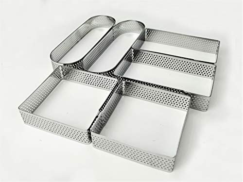 NewlineNY 6 Stück perforierte ovale, rechteckige und quadratische Tarte-Gebäck-Ringe, Formplattierung: je 2 Stück (12,7 x 3,8 cm) + (10,2 x 3,8 cm) + (7,1 cm quadratisch) x (2 cm H) Größen